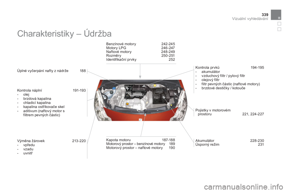 CITROEN DS3 CABRIO 2014  Návod na použití (in Czech) 339Vizuální vyhledávání
  Charakteristiky – Údržba  
 
 
Úplné vyčerpání nafty z nádrže  188  
   
Kontrola n
áplní 191-193 
   
 
-  olej 
   
-  brzdová kapalina 
   
-  chladicí