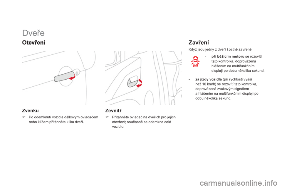 CITROEN DS3 CABRIO 2014  Návod na použití (in Czech)    
 
 
 
 
 
 
 
 
 
 
Dveře 
Zvenku 
�)Po odemknutí vozidla dálkovým ovladačem nebo klíčem přitáhněte kliku dveří.
 
 
 
Zevnitř 
�) 
 Přitáhněte ovladač na dveřích pro jejich ote