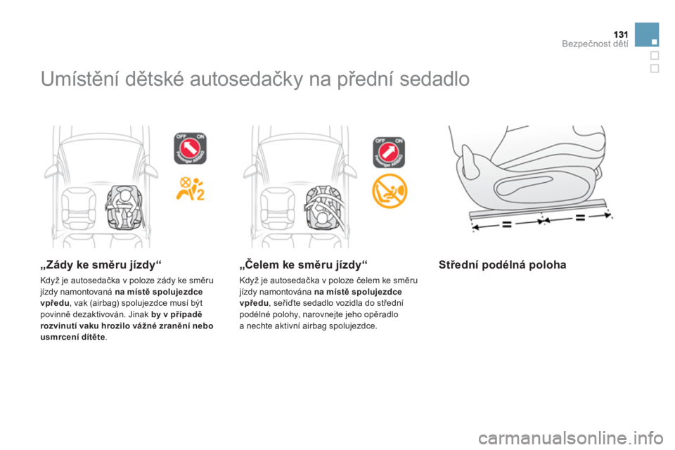 CITROEN DS3 CABRIO 2013  Návod na použití (in Czech) Bezpečnost dětí
 
Umístění dětské autosedačky na přední sedadlo  
 
 
„Zády ke směru jízdy“ 
 
Když je autosedačka v poloze zády ke směru jízdy namontovaná  na místě spolujez