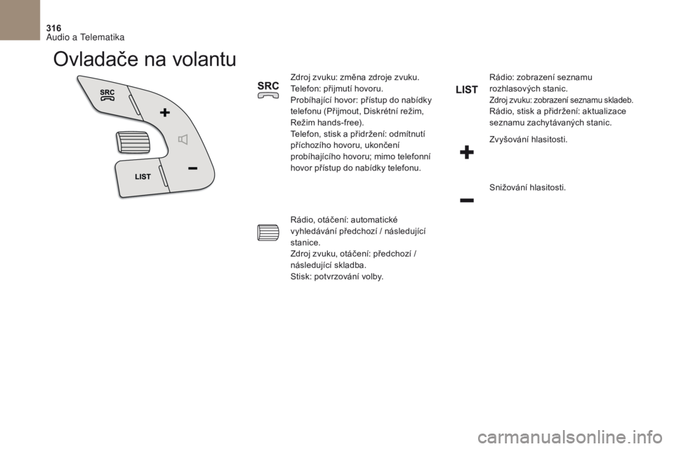 CITROEN DS4 2017  Návod na použití (in Czech) 316
DS4_cs_Chap10b_SMEGplus_ed01-2016
Ovladače na volantu
Zdroj zvuku: změna zdroje zvuku.
Telefon: přijmutí hovoru.
Probíhající hovor: přístup do nabídky 
telefonu (Přijmout, Diskrétní r