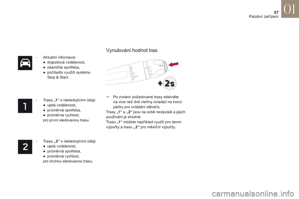 CITROEN DS4 2017  Návod na použití (in Czech) 57
DS4_cs_Chap01_instruments- de-bord_ed01-2016
- Aktuální informace:●  d ojezdová vzdálenost,
●
 
o
 kamžitá spotřeba,
●
 
p
 očítadlo využití systému 
Stop & Start.
-
 
T
 rasa „