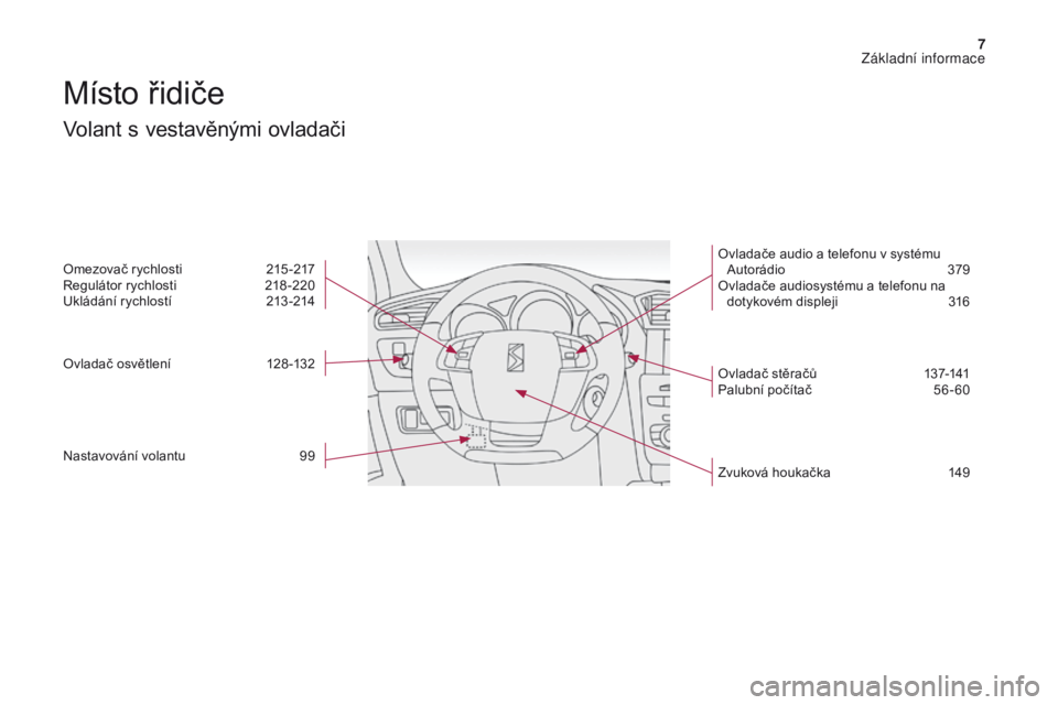 CITROEN DS4 2017 Návod na použití (in Czech) 7
DS4_cs_Chap00b_vue-ensemble_ed01-2016
Místo řidiče
Volant s vestavěnými ovladači
Omezovač rychlosti 215 -217
Regulátor rychlosti 2 18 -220
Ukládání rychlostí
2
13 -214
Ovladač osvě CITROEN DS4 2017 Návod na použití (in Czech) 7
DS4_cs_Chap00b_vue-ensemble_ed01-2016
Místo řidiče
Volant s vestavěnými ovladači
Omezovač rychlosti 215 -217
Regulátor rychlosti 2 18 -220
Ukládání rychlostí
2
13 -214
Ovladač osvě