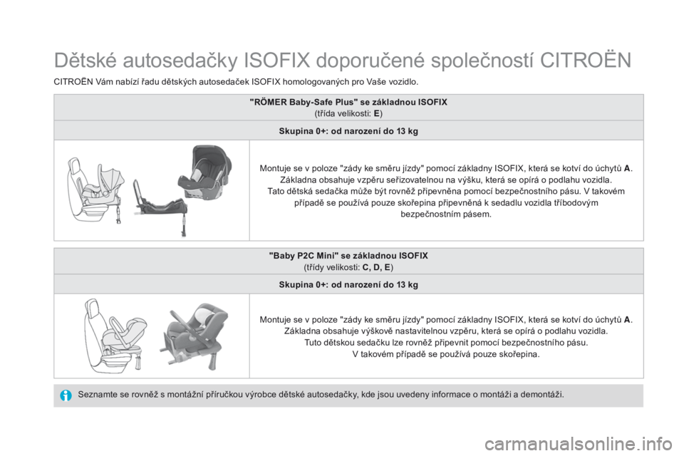 CITROEN DS4 2016 Návod na použití (in Czech) DS4_cs_Chap06_securite enfants_ed03-2015
Dětské autosedačky ISOFIX doporučené společností CITROËN
Seznamte se rovněž s montážní příručkou výrobce dětské autosedačky, kde jsou uvede CITROEN DS4 2016 Návod na použití (in Czech) DS4_cs_Chap06_securite enfants_ed03-2015
Dětské autosedačky ISOFIX doporučené společností CITROËN
Seznamte se rovněž s montážní příručkou výrobce dětské autosedačky, kde jsou uvede