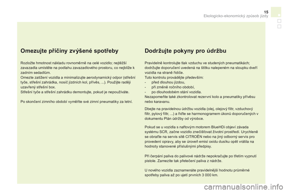 CITROEN DS4 2016 Návod na použití (in Czech) 15
DS4_cs_Chap00c_eco-conduite_ed03-2015
omezujte příčiny zvýšené spotřeby
Rozložte hmotnost nákladu rovnoměrně na celé vozidlo; nejtěžší
zavazadla umístěte na podlahu zavazadlovéh CITROEN DS4 2016 Návod na použití (in Czech) 15
DS4_cs_Chap00c_eco-conduite_ed03-2015
omezujte příčiny zvýšené spotřeby
Rozložte hmotnost nákladu rovnoměrně na celé vozidlo; nejtěžší
zavazadla umístěte na podlahu zavazadlovéh