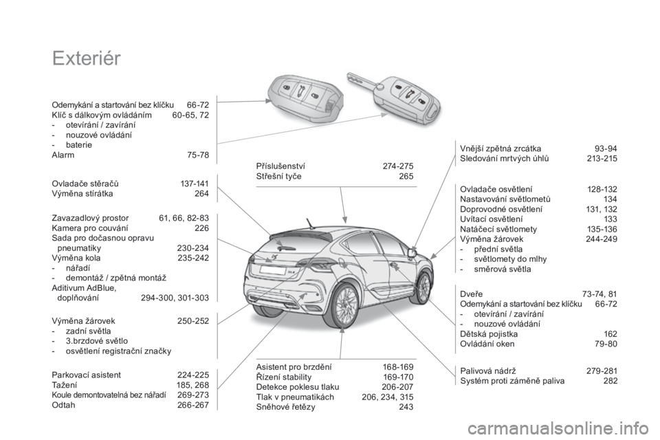 CITROEN DS4 2016 Návod na použití (in Czech) DS4_cs_Chap00b_vue-ensemble_ed03-2015
Exteriér
Odemykání a startování bez klíčku 66 -72
Klíč s dálkovým ovládáním 6 0 - 65, 72
-
o
tevírání / zavírání
-
n
ouzové ovládán CITROEN DS4 2016 Návod na použití (in Czech) DS4_cs_Chap00b_vue-ensemble_ed03-2015
Exteriér
Odemykání a startování bez klíčku 66 -72
Klíč s dálkovým ovládáním 6 0 - 65, 72
-
o
tevírání / zavírání
-
n
ouzové ovládán