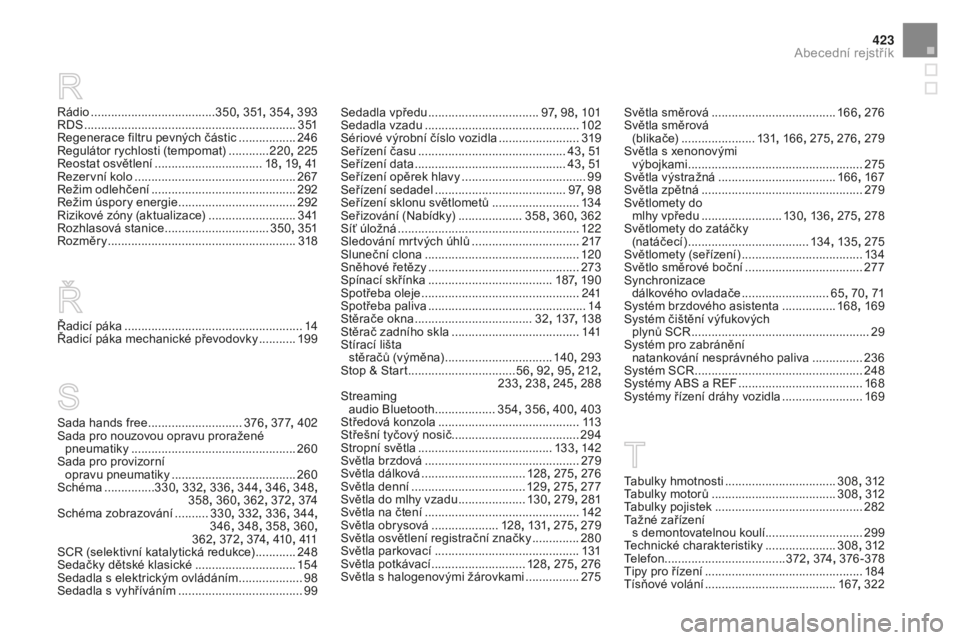 CITROEN DS4 2015  Návod na použití (in Czech) 423
DS4_cs_Chap13_index-alpha_ed02-2015
Rádio .....................................350, 3 51 , 354 , 393
RDS ................ ............................................... 3 51
Regenerace filtru pe