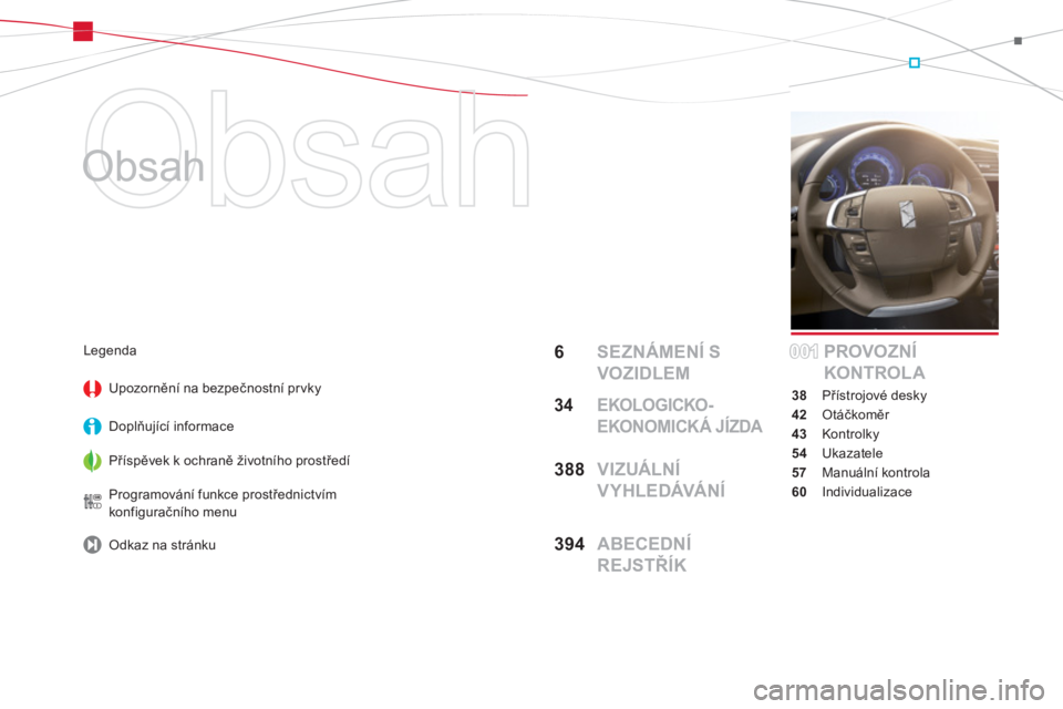 CITROEN DS4 2014  Návod na použití (in Czech)   Obsah 
   
Obsah  
6  SEZNÁMENÍ S 
VOZIDLEM
34  EKOLOGICKO-
EKONOMICKÁ JÍZDA
388  VIZUÁLNÍ 
VYHLEDÁVÁNÍ
394  ABECEDNÍ 
REJSTŘÍKPROVOZNÍ 
KONTROL A
38 Přístrojové desky
42 Otáčkomě