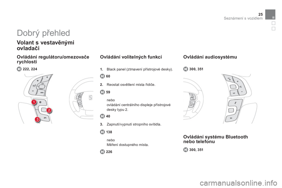 CITROEN DS4 2013  Návod na použití (in Czech) 25
Seznámení s vozidlem
   
Ovládání regulátoru/omezovače 
rychlosti
   Volant s vestavěnými
ovladači 
60
Ovládání volitelných funkcí
222, 224
59
2. 
 Reostat osvětlen
