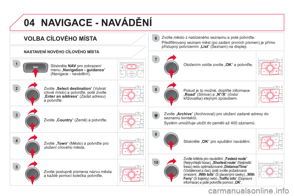 CITROEN DS4 2013  Návod na použití (in Czech) 04
1
2
3
4
5
7
9
10
8
6
Stiskněte NAVpro zobrazenímenu „Navigation - guidance “(Navigace - navádění).      
NASTAVENÍ NOVÉHO CÍLOVÉHO MÍSTA  
NAVIGACE - NAVÁDĚNÍ
 
 
 
 
 
 
 
 
 
 
 