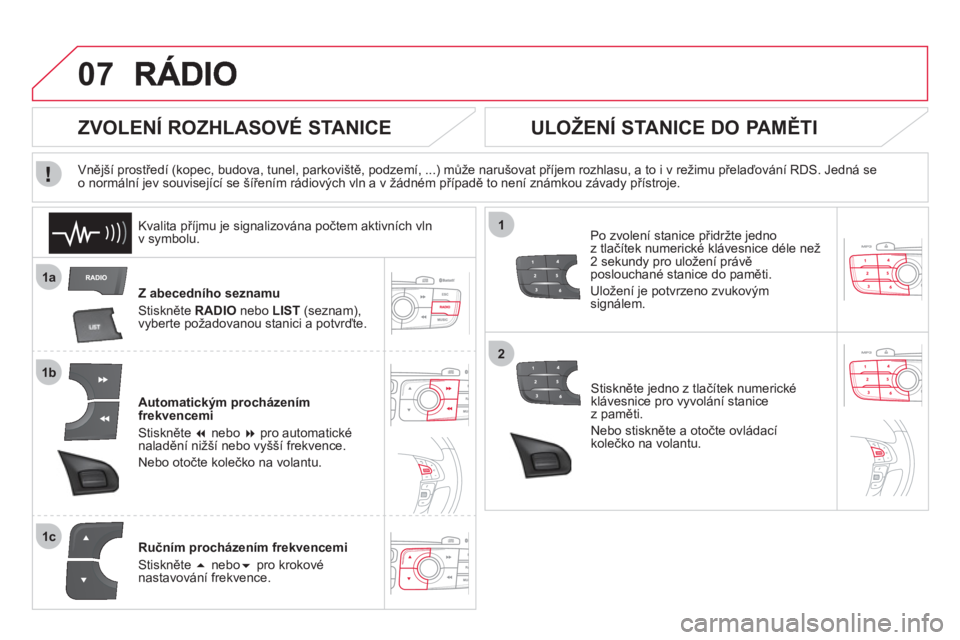 CITROEN DS4 2013  Návod na použití (in Czech) 07
1a
1b
1c
1
2
Z abecedního seznamu 
Stiskněte  RADIO 
 nebo LIST 
 (seznam), 
vyberte požadovanou stanici a potvrďte.
Automatickým procházením
frekvencemi
Stiskněte  �nebo � 
 pro automati
