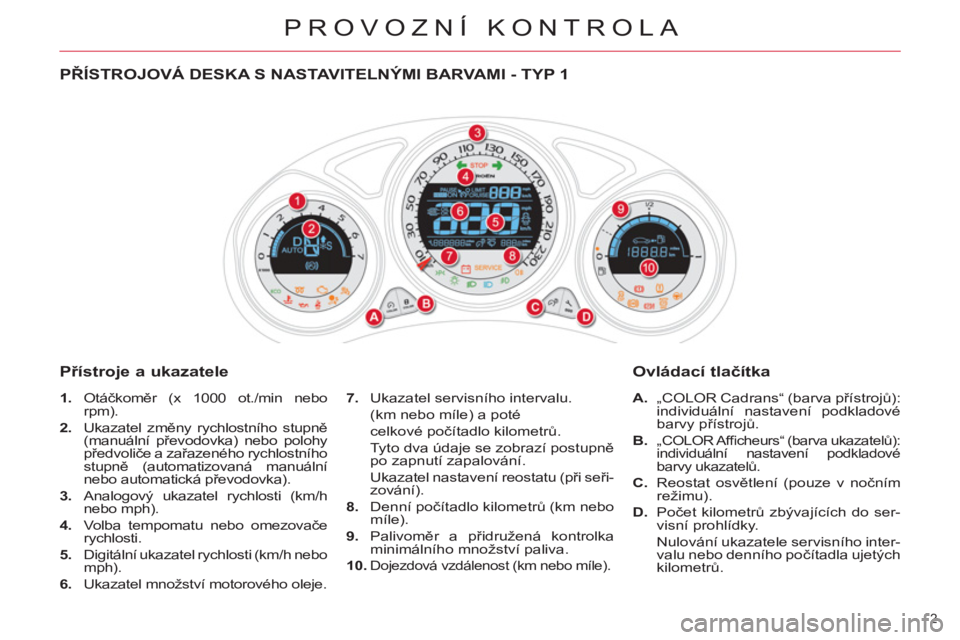 CITROEN DS4 2013  Návod na použití (in Czech) PROVOZNÍ KONTROLA
2 
   
 
 
 
 
 
 
 
 
 
 
 
PŘÍSTROJOVÁ DESKA S NASTAVITELNÝMI BARVAMI - TYP 1 
   
Přístro
je a ukazatele 
 
 
 
1. 
 Otáčkoměr (x 1000 ot./min nebo 
rpm). 
   
2. 
 Ukaz