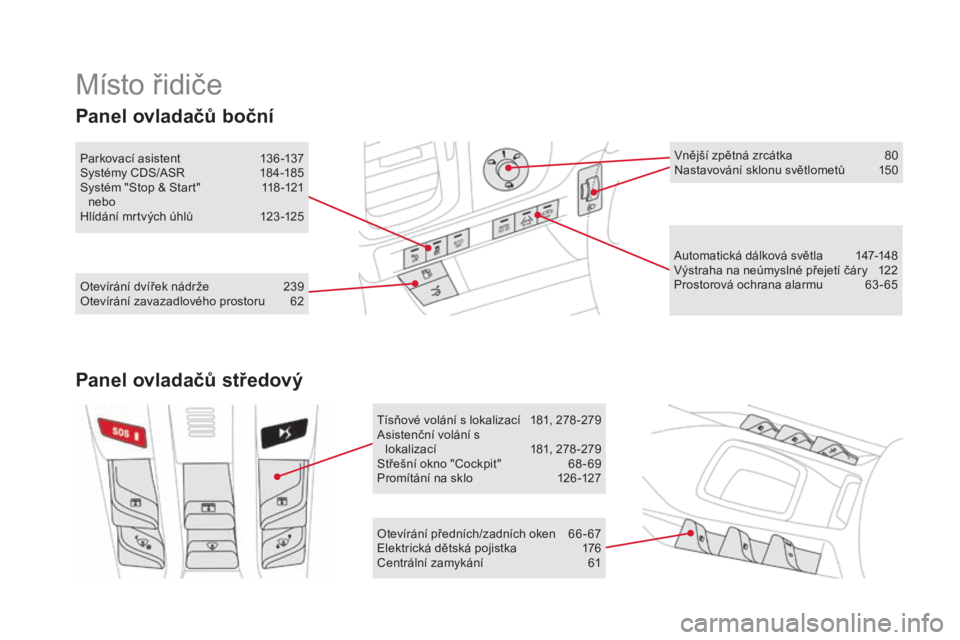 CITROEN DS5 2016  Návod na použití (in Czech) DS5_cs_Chap00b_vue-ensemble_ed02-2015
Místo řidiče
Automatická dálková světla 147-148
Výstraha na neúmyslné přejetí čáry 12 2
Prostorová ochrana alarmu
 63

-65
Otevírání předních/