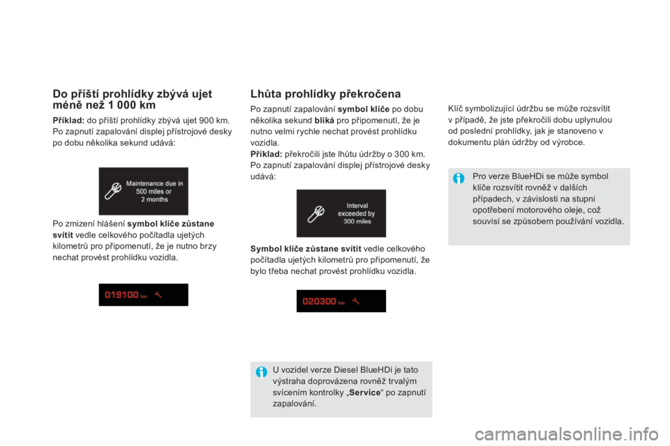 CITROEN DS5 2016  Návod na použití (in Czech) Lhůta prohlídky překročena
Po zapnutí zapalování symbol klíče po dobu 
několika sekund bliká  pro připomenutí, že je 
nutno velmi rychle nechat provést prohlídku 
vozidla.
pří

klad:
