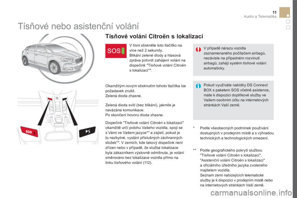 CITROEN DS5 2016  Návod na použití (in Czech) 11  Audio a Telematika 
 
 
 
 
 
 
 
Tísňové nebo asistenční volání 
 
 
V případě nárazu vozidla 
zaznamenaného počítačem airbagů, 
nezávisle na případném rozvinutí 
airbagů, z