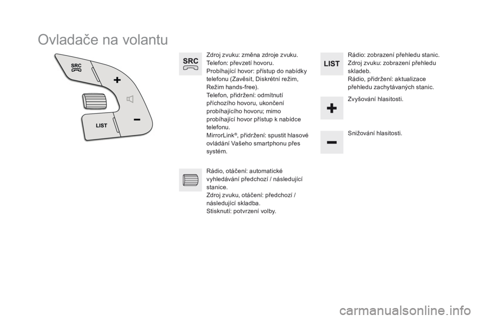 CITROEN DS5 2015  Návod na použití (in Czech) DS5_cs_Chap11c_SMEGplus_ed01-2015
Ovladače na volantu
Zdroj zvuku: změna zdroje zvuku.
Telefon: převzetí hovoru.
Probíhající hovor: přístup do nabídky 
telefonu (Zavěsit, Diskrétní režim