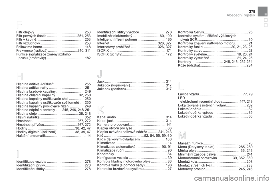 CITROEN DS5 2015  Návod na použití (in Czech) 379
DS5_cs_Chap12_index-recherche_ed01-2015
Filtr olejový ....................................................253
Filtr pevných částic  ............................... 2 51, 253
Filtr v kabině
 
