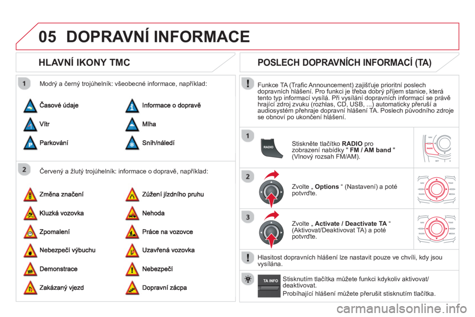 CITROEN DS5 2013  Návod na použití (in Czech) 05DOPRAVNÍ INFORMACE 
   
 
 
 
 
 
HLAVNÍ IKONY TMC 
 
 
Červený a žlutý trojúhelník: informace o dopravě, například:    
Modr
ý a černý trojúhelník: všeobecné informace, napříkla