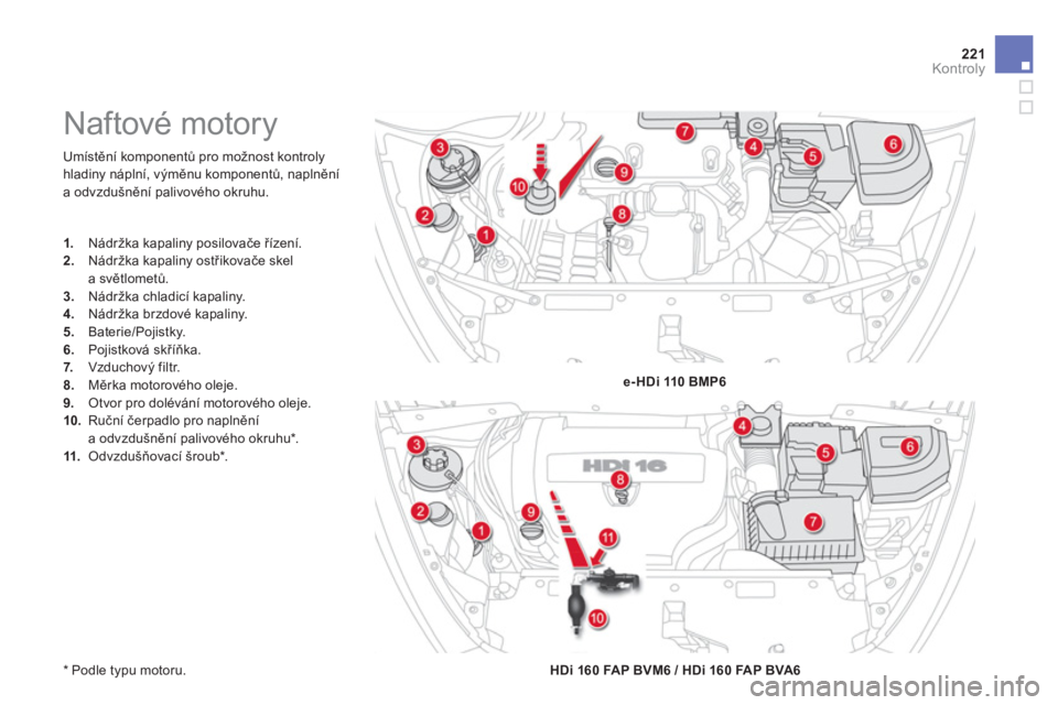 CITROEN DS5 2012  Návod na použití (in Czech) 221Kontroly
  Umístění komponentů pro možnost kontroly
hladiny náplní, výměnu komponentů, naplnění
a odvzdušnění palivového okruhu. 
   
* 
 
 Podle typu motoru.  
 
 
 
 
 
 
 
 
 
 
