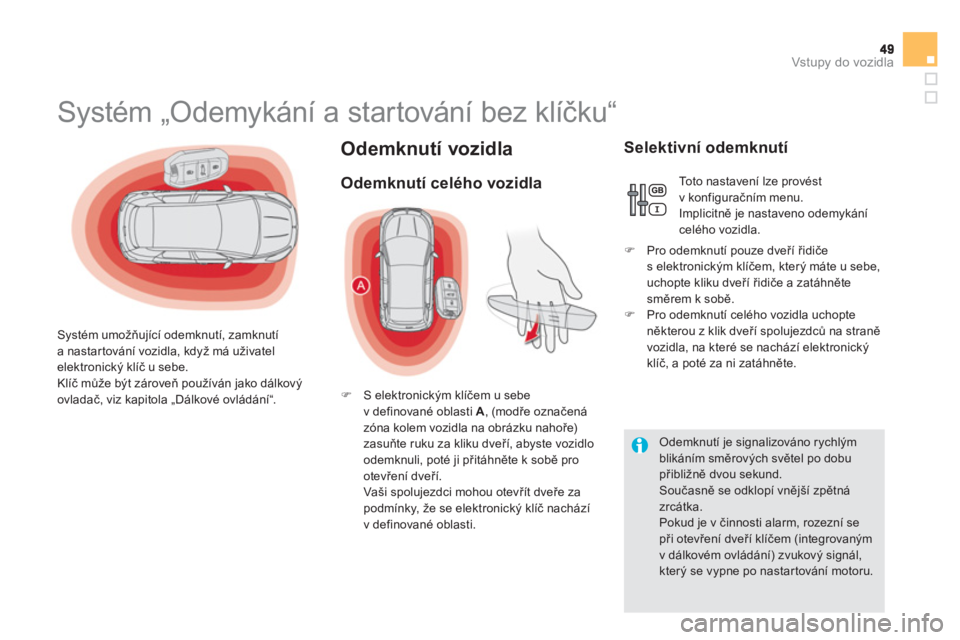 CITROEN DS5 2012  Návod na použití (in Czech) Vstupy do vozidla
Odemknutí vozidla 
   
 
 
 
 
 
 
 
 
 
 
 
 
 
 
 
 
 
 
 
Systém „Odemykání a startování bez klíčku“ 
 
 
Systém umožňující odemknutí, zamknutí 
a nastartován�