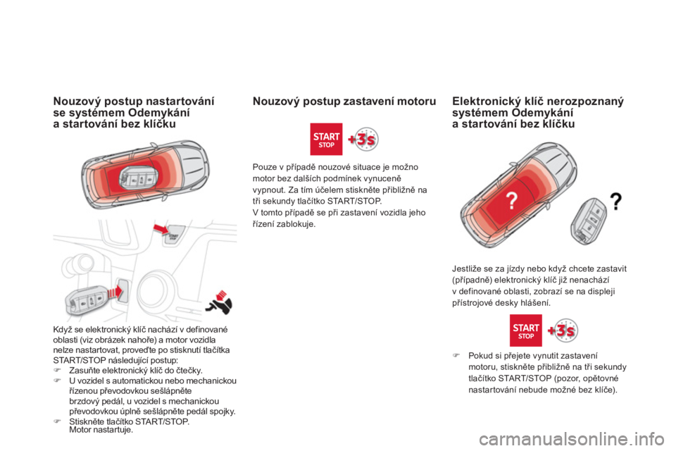 CITROEN DS5 2012  Návod na použití (in Czech) Nouzový postup nastartování
se systémem Odemykání a startování bez klíčku 
Když se elektronický klíč nachází v definované
oblasti (viz obrázek nahoře) a motor vozidla 
nelze nastart