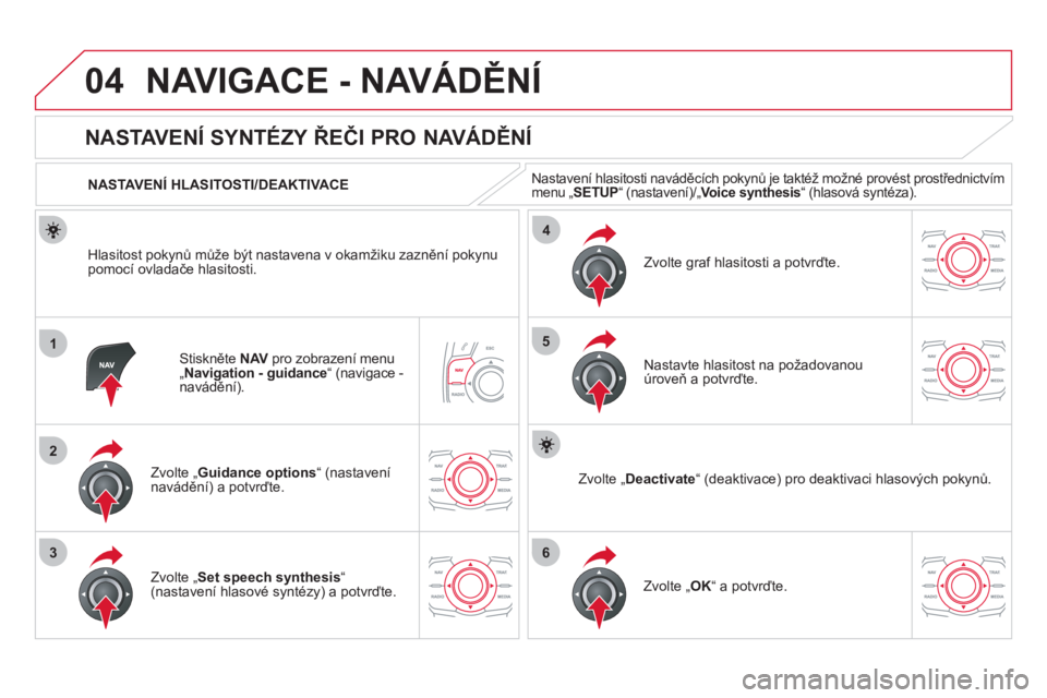CITROEN DS5 2011  Návod na použití (in Czech) 04
1
2
36
4
5
NAVIGACE - NAVÁDĚNÍ
Stiskněte  NAV 
 pro zobrazení menu V„ 
Navigation - guidance“ (navigace -
navádění). 
 
 
 
 
 
 
 
NASTAVENÍ SYNTÉZY ŘEČI PRO NAVÁDĚNÍ 
Zvolte �