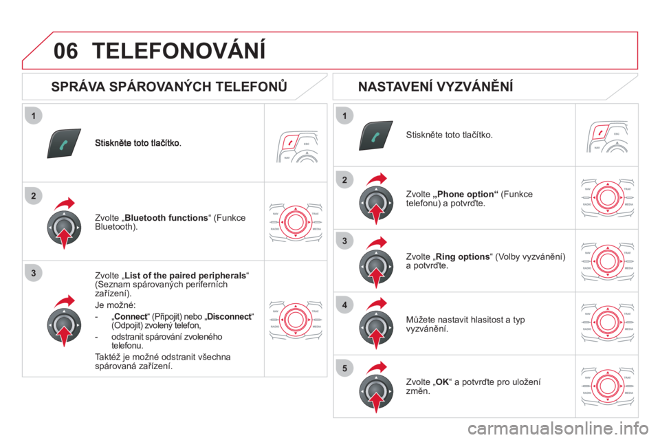 CITROEN DS5 2011  Návod na použití (in Czech) 1
2
3
1
2
3
4
5
06
Zvolte „List of the paired peripherals “(Seznam spárovaných periferních
zařízení).  
Je možné: 
-  
„Connect“ (Připojit) nebo „tDisconnect 
“ t(Odpojit) zvolen�