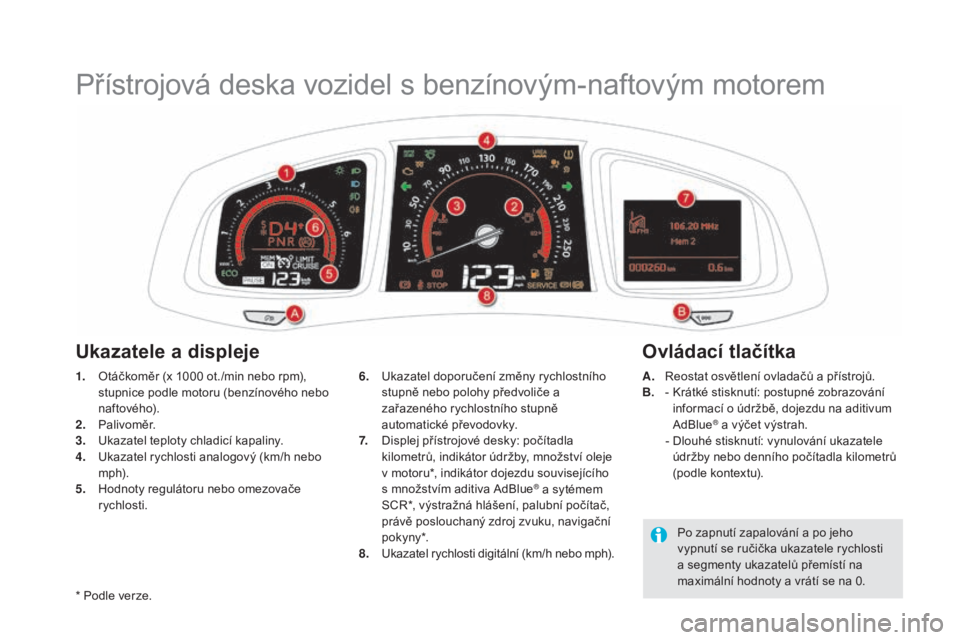 CITROEN DS5 HYBRID 2016  Návod na použití (in Czech) Přístrojová deska vozidel s benzínovým-naftovým motorem
1. Otáčkoměr (x 1000 ot./min nebo rpm), 
stupnice podle motoru (benzínového nebo 
n af tové h o).
2.
 Pa

livoměr.
3.
 Uk

azatel t
