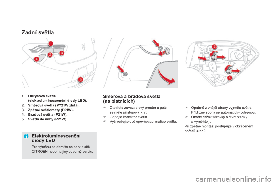 CITROEN DS5 HYBRID 2016  Návod na použití (in Czech) DS5_cs_Chap08_info-pratiques_ed02-2015
1. obr ysová světla 
  (e lektroluminescenční diody LEd).
2.  smě

rová světla (
py21
 W žlutá).
3.
  zpě

tné svě tlomety  (
p21W

).
4.
  brz

dov�