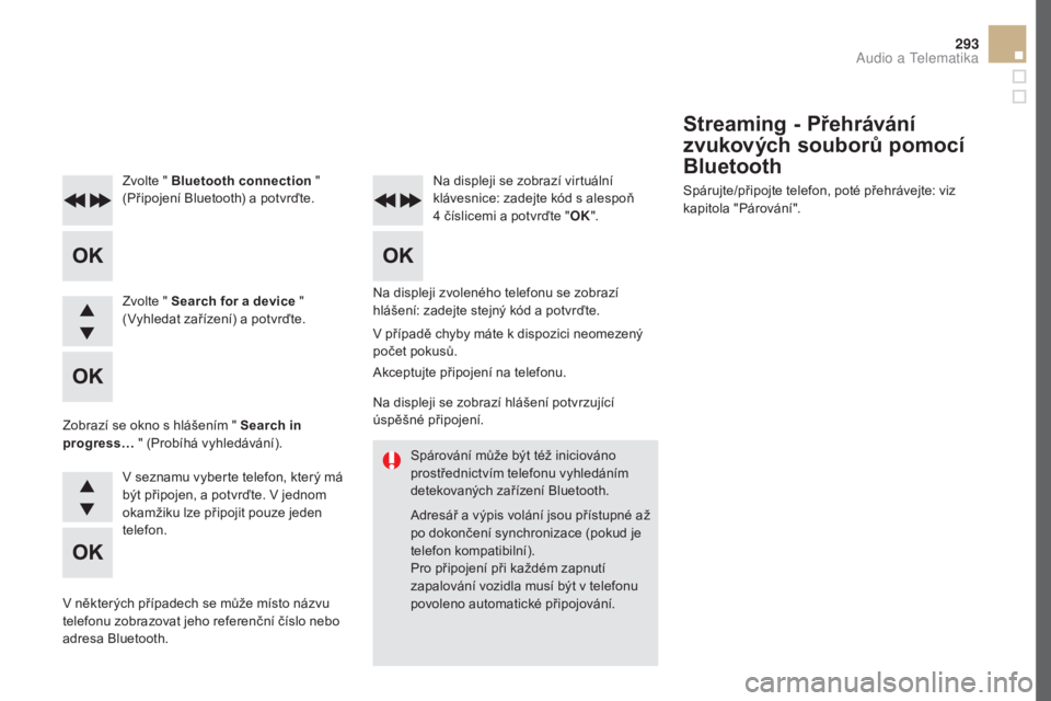CITROEN DS5 HYBRID 2016  Návod na použití (in Czech) 293
DS5_cs_Chap11d_RD5_ed02-2015
Spárování může být též iniciováno 
prostřednictvím telefonu vyhledáním 
detekovaných zařízení Bluetooth.
Adresář a výpis volání jsou přístupné