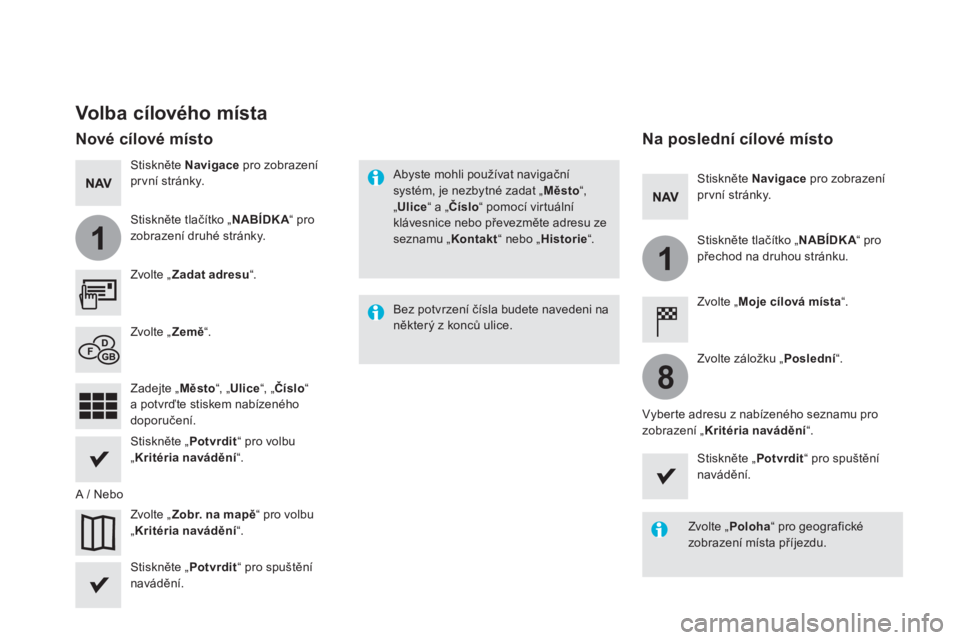 CITROEN DS5 HYBRID 2016  Návod na použití (in Czech) 1
1
8
   
Volba cílového místa 
 
 
Zvolte „  Zadat adresu 
“.  
   
Zvolte „  Zobr. na mapě 
“ pro volbu 
„ Kritéria navádění 
“.      
Zvolte „  Země 
“.  
   
Stiskněte �