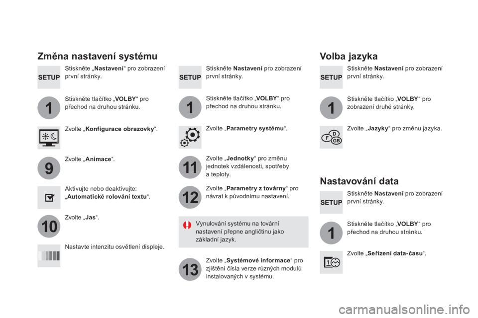 CITROEN DS5 HYBRID 2016  Návod na použití (in Czech) 111
11
12
13
9
101
   
Stiskněte  Nastavení 
 pro zobrazení 
pr vní stránky.     
Stiskněte  Nastavení 
 pro zobrazení 
pr vní stránky.      
Stiskněte „ Nastavení 
“ pro zobrazení 
p