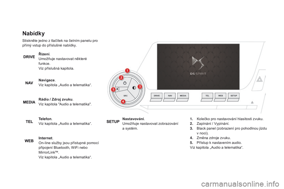 CITROEN DS5 2015  Návod na použití (in Czech) DS5_cs_Chap01_controle-de-marche_ed01-2015
Nabídky
Stiskněte jedno z tlačítek na čelním panelu pro 
přímý vstup do příslušné nabídky.Řízení.
Umožňuje nastavovat některé 
funkce.
V