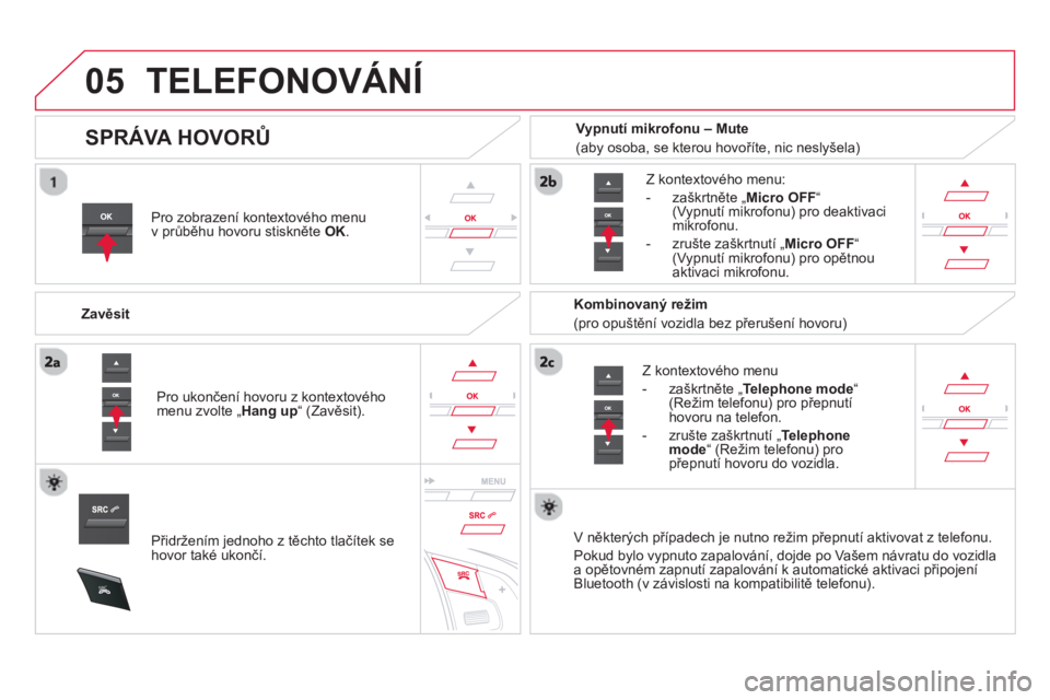 CITROEN DS5 2013  Návod na použití (in Czech)  
05
SRC
TELEFONOVÁNÍ
Pro zobrazení kontextového menu 
v průběhu hovoru stiskněte  OK.
 
 
Zavěsit 
   
Z k
ontextového menu
 
 
-  zaškrtněte „Telephone mode“ (Režim telefonu) pro př