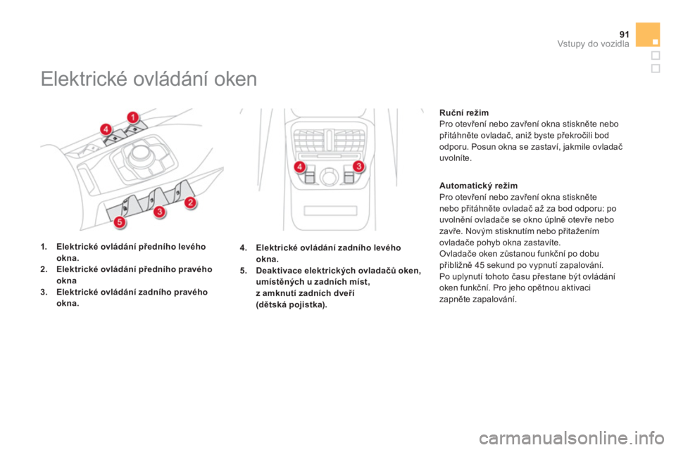 CITROEN DS5 2013  Návod na použití (in Czech) 91Vstupy do vozidla
   
 
 
 
 
Elektrické ovládání oken 
1.Elektrické ovládání předního levého 
okna.2.Elektrické ovládání předního pravého 
okna3.Elektrické ovládání zadního p