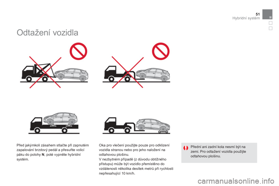 CITROEN DS5 2012  Návod na použití (in Czech) 51Hybridní systém
   
 
 
 
 
 
 
 
Odtažení vozidla  
 
 
Před jakýmkoli zásahem stlačte při zapnutém 
zapalování brzdový pedál a přesuňte volicí páku do polohy N 
, poté vypněte 