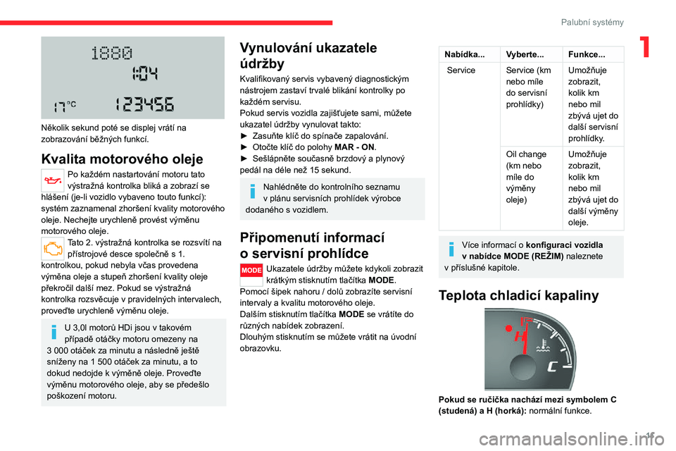 CITROEN JUMPER 2020  Návod na použití (in Czech) 11
Palubní systémy
1
 
Několik sekund poté se displej vrátí na zobrazování běžných funkcí.
Kvalita motorového oleje
Po každém nastartování motoru tato výstražná kontrolka bliká a 