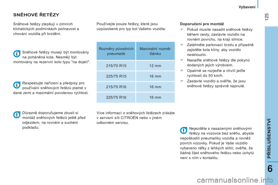 CITROEN JUMPER 2016  Návod na použití (in Czech)  125
jumper_cs_Chap06_Accessoires_ed01-2015
SNĚhOVé ŘETĚZy
Sněhové řetězy zlepšují v zimních 
klimatických podmínkách poilnavost a 
chování vozidla při brzdění.Sněhové řetězy mu