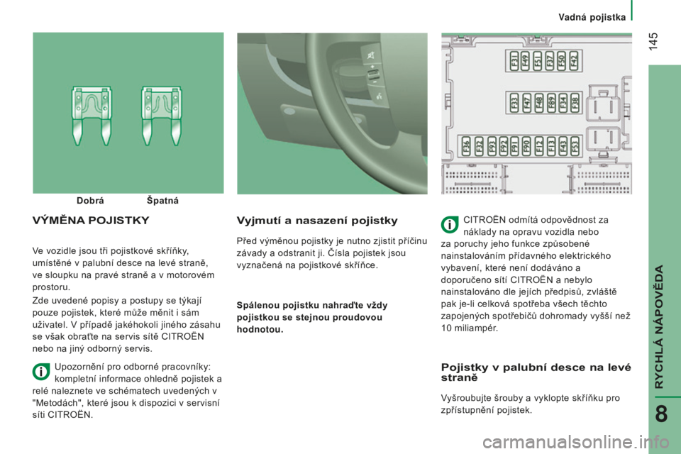 CITROEN JUMPER 2016  Návod na použití (in Czech)  145
jumper_cs_Chap08_Aide-Rapide_ed01-2015
Ve vozidle jsou tři pojistkové skříňky, 
umístěné v palubní desce na levé straně, 
ve sloupku na pravé straně a v motorovém 
prostoru.
Zde uve