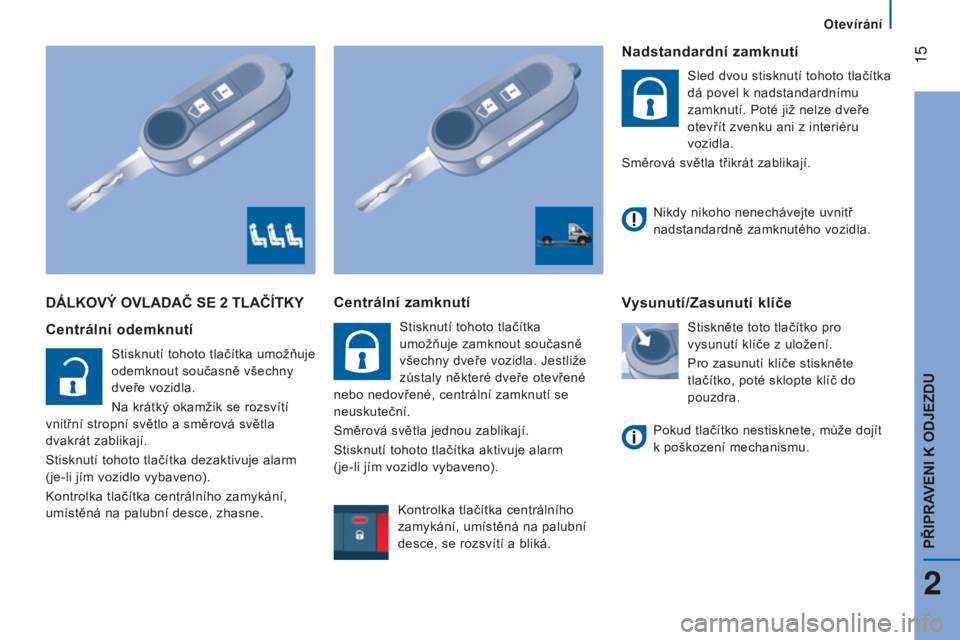 CITROEN JUMPER 2016  Návod na použití (in Czech)  15
jumper_cs_Chap02_Pret-a-Partir_ed01-2015
DÁLkOVý OVLADAČ SE 2 TLAČÍTky
Centrální  odemknutí
Stisknutí tohoto tlačítka umožňuje 
odemknout současně všechny 
dveře vozidla.
Na krát