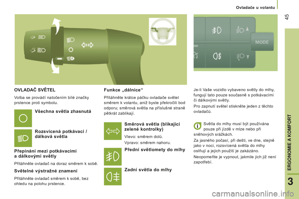 CITROEN JUMPER 2016  Návod na použití (in Czech)  45
jumper_cs_Chap03_Ergo-et-confort_ed01-2015
OVLADAČ SVĚTEL
Volba se provádí natočením bílé značky 
prstence proti symbolu.
Směrová světla (blikající 
zelené kontrolky)
Vlevo: směrem