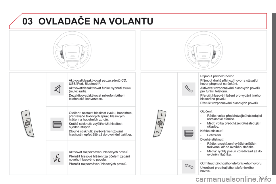 CITROEN JUMPER 2015  Návod na použití (in Czech) 03
10.5
JUMPER-PAPIER_CS_CHAP10A_AUTORADIO_FIAT-TACTILE-1_ED01-2014
 OVLADAČE NA VOLANTU 
 Aktivovat/dezaktivovat pauzu zdrojů CD, USB/iPod, Bluetooth ® .   Aktivovat/dezaktivovat funkci vypnutí z