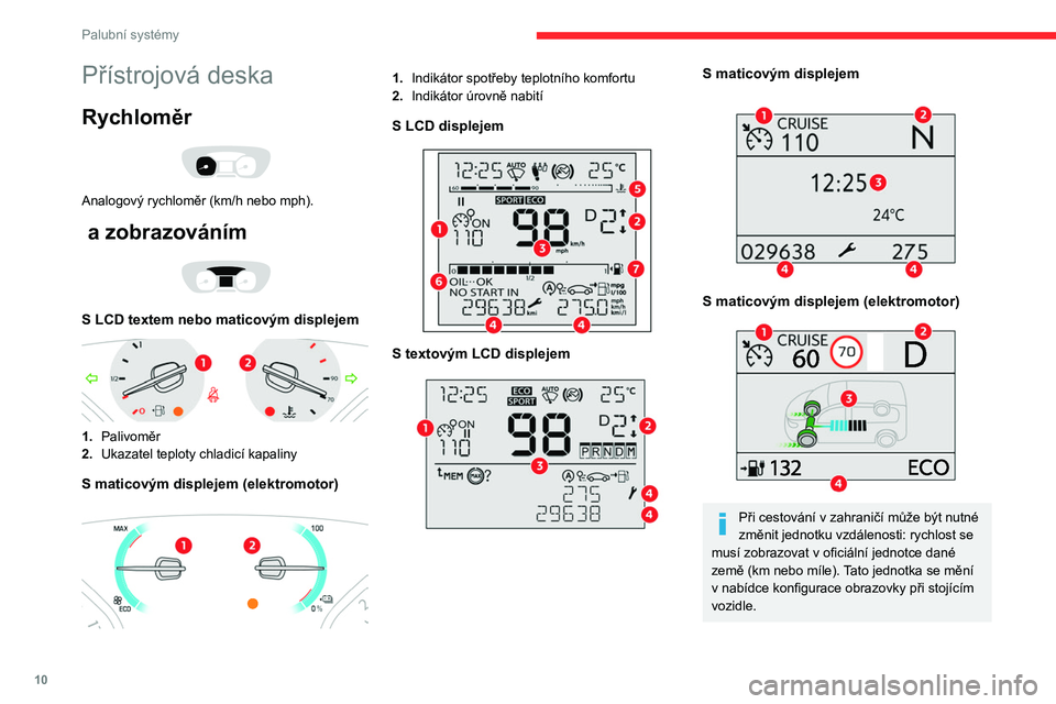 CITROEN JUMPER SPACETOURER 2021  Návod na použití (in Czech) 10
Palubní systémy
Přístrojová deska
Rychloměr 
 
Analogový rychloměr (km/h nebo mph).
 a zobrazováním 
 
S LCD textem nebo maticovým displejem 
 
1.Palivoměr
2. Ukazatel teploty chladicí