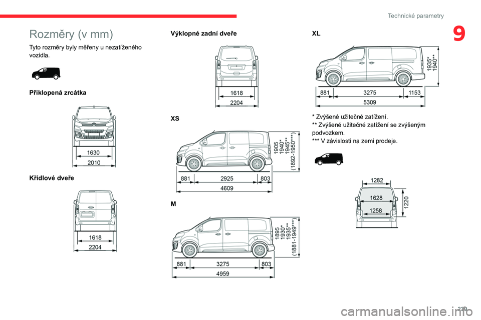 CITROEN JUMPER SPACETOURER 2021 Návod na použití (in Czech) 239
Technické parametry
9Rozměry (v mm)
Tyto rozměry byly měřeny u nezatíženého
vozidla.
Přiklopená zrcátka
Křídlové dveře
Výklopné zadní dveře
XS
M
XL
* CITROEN JUMPER SPACETOURER 2021 Návod na použití (in Czech) 239
Technické parametry
9Rozměry (v mm)
Tyto rozměry byly měřeny u nezatíženého
vozidla.
Přiklopená zrcátka
Křídlové dveře
Výklopné zadní dveře
XS
M
XL
*