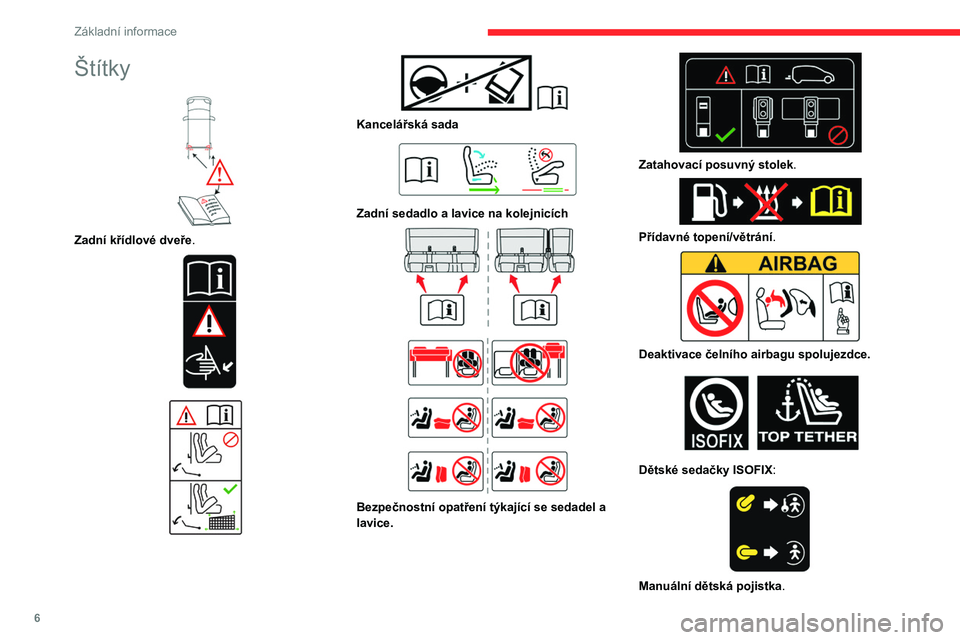 CITROEN JUMPER SPACETOURER 2021  Návod na použití (in Czech) 6
Základní informace
Štítky 
 
Zadní křídlové dveře. 
 
 
 
 
 
Kancelářská sada 
 
Zadní sedadlo a lavice na kolejnicích 
 
 
 
Bezpečnostní opatření týkající se sedadel a 
lavic