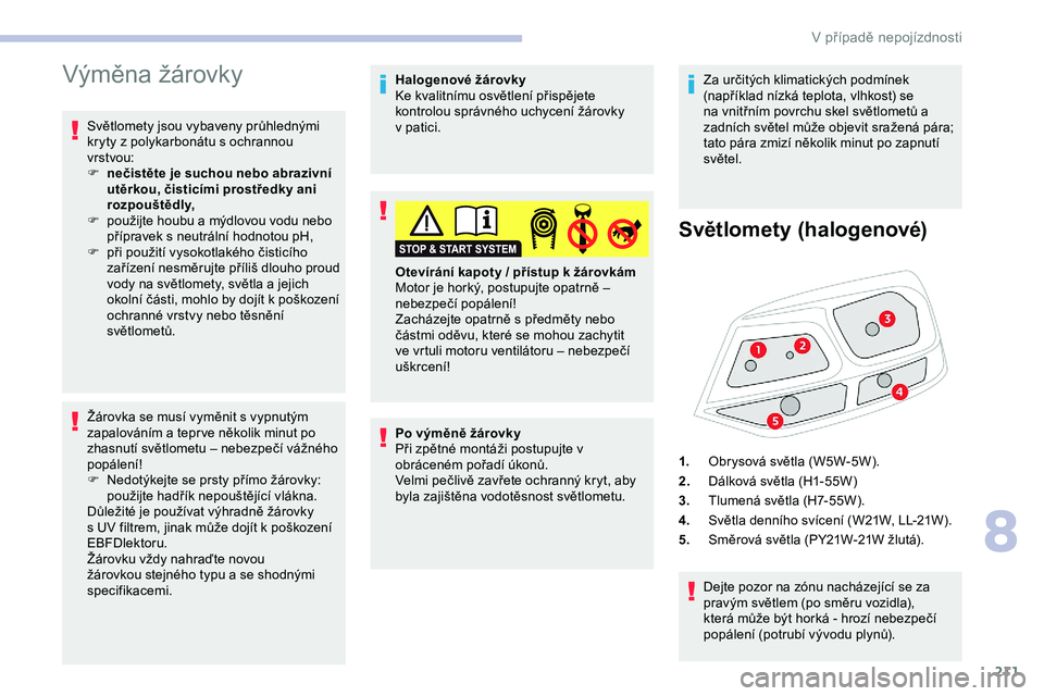 CITROEN JUMPER SPACETOURER 2020  Návod na použití (in Czech) 211
Výměna žárovky
Světlomety jsou vybaveny průhlednými 
kryty z  polykarbonátu s   ochrannou 
vrstvou:
F
 
n
 ečistěte je suchou nebo abrazivní 
utěrkou, čisticími prostředky ani 
rozp
