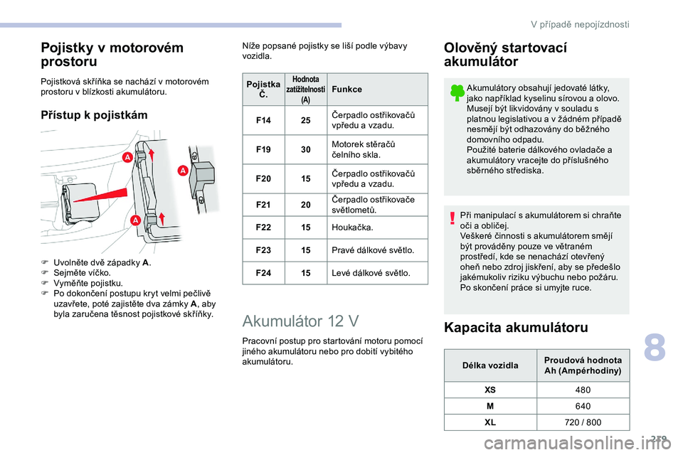 CITROEN JUMPER SPACETOURER 2020 Návod na použití (in Czech) 219
Pojistky v motorovém
prostoru
Pojistková skříňka se nachází v motorovém
prostoru v blízkosti akumulátoru.
Přístup k pojistkám
F Uvolněte dvě západky A .
F S ejměte víčko.
F
CITROEN JUMPER SPACETOURER 2020 Návod na použití (in Czech) 219
Pojistky v motorovém
prostoru
Pojistková skříňka se nachází v motorovém
prostoru v blízkosti akumulátoru.
Přístup k pojistkám
F Uvolněte dvě západky A .
F S ejměte víčko.
F