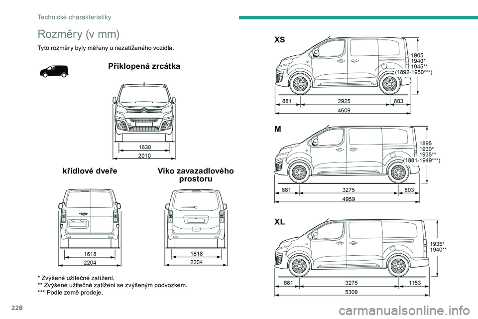 CITROEN JUMPER SPACETOURER 2020 Návod na použití (in Czech) 228
Rozměry (v mm)
Tyto rozměry byly měřeny u nezatíženého vozidla.
Přiklopená zrcátka
křídlové dveře Víko zavazadlového
prostoru XS
M
XL
* Zvýšené užitečné zatížení.
** Zvý CITROEN JUMPER SPACETOURER 2020 Návod na použití (in Czech) 228
Rozměry (v mm)
Tyto rozměry byly měřeny u nezatíženého vozidla.
Přiklopená zrcátka
křídlové dveře Víko zavazadlového
prostoru XS
M
XL
* Zvýšené užitečné zatížení.
** Zvý