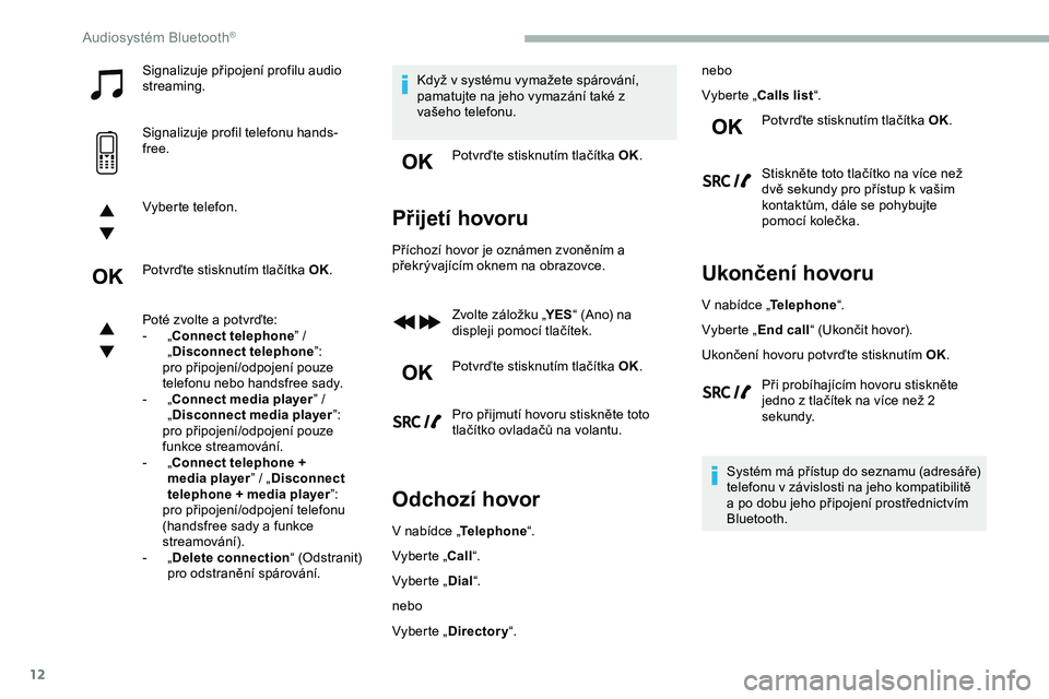CITROEN JUMPER SPACETOURER 2020 Návod na použití (in Czech) 12
Signalizuje připojení profilu audio
streaming.
Signalizuje profil telefonu hands-
free.
Vyberte telefon.
Potvrďte stisknutím tlačítka OK.
Poté zvolte a potvrďte:
-
„
Connect telephone CITROEN JUMPER SPACETOURER 2020 Návod na použití (in Czech) 12
Signalizuje připojení profilu audio
streaming.
Signalizuje profil telefonu hands-
free.
Vyberte telefon.
Potvrďte stisknutím tlačítka OK.
Poté zvolte a potvrďte:
-
„
Connect telephone