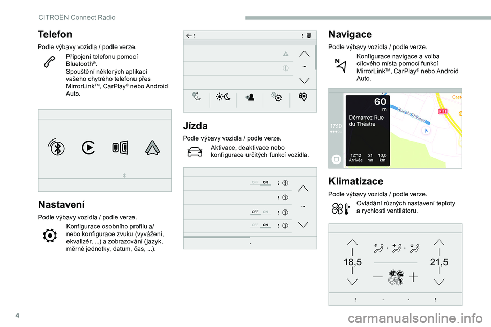 CITROEN JUMPER SPACETOURER 2020 Návod na použití (in Czech) 4
21,518,5
Telefon
Podle výbavy vozidla / podle verze.
P řipojení telefonu pomocí
Bluetooth
®.
Spouštění některých aplikací
vašeho chytrého telefonu přes
MirrorLink
TM, CarPlay® nebo CITROEN JUMPER SPACETOURER 2020 Návod na použití (in Czech) 4
21,518,5
Telefon
Podle výbavy vozidla / podle verze.
P řipojení telefonu pomocí
Bluetooth
®.
Spouštění některých aplikací
vašeho chytrého telefonu přes
MirrorLink
TM, CarPlay® nebo