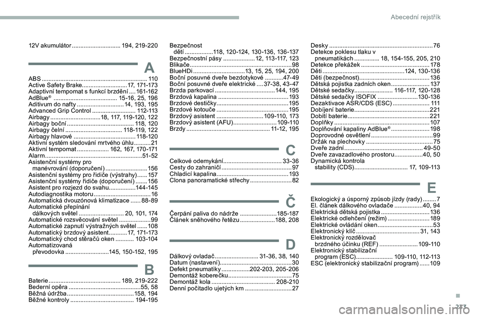 CITROEN JUMPER SPACETOURER 2020 Návod na použití (in Czech) 233
ABS ...............................................................11 0
Active Safety Brake........................... 17, 171-173
Adaptivní tempomat s funkcí brzdění
....16
1-162
AdBlue
® CITROEN JUMPER SPACETOURER 2020 Návod na použití (in Czech) 233
ABS ...............................................................11 0
Active Safety Brake........................... 17, 171-173
Adaptivní tempomat s funkcí brzdění
....16
1-162
AdBlue
®